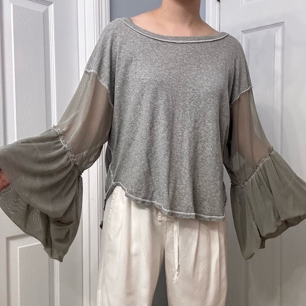 Free People BlouseFlare Sleeve Mesh Cut Out Gray Boho Lagenlook Size Extra Small